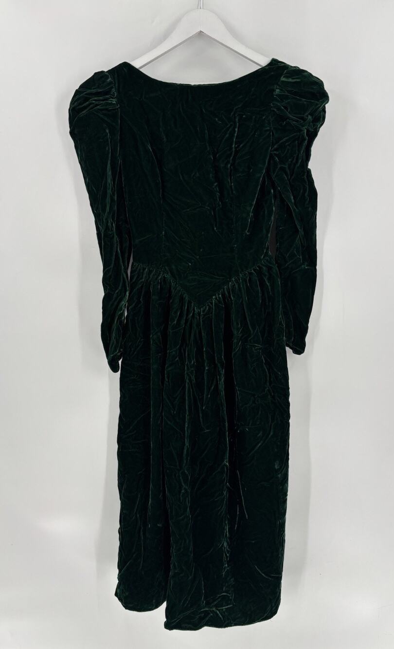 Amerian Vintage Velvet Dress Womens 8 Green Bow 80s Puff Shoulder Basque Waist
